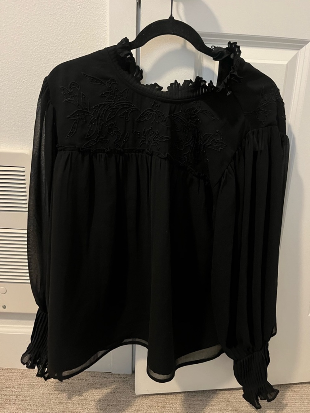 Topshop Black Embroidered Ruffle-Neck Blouse